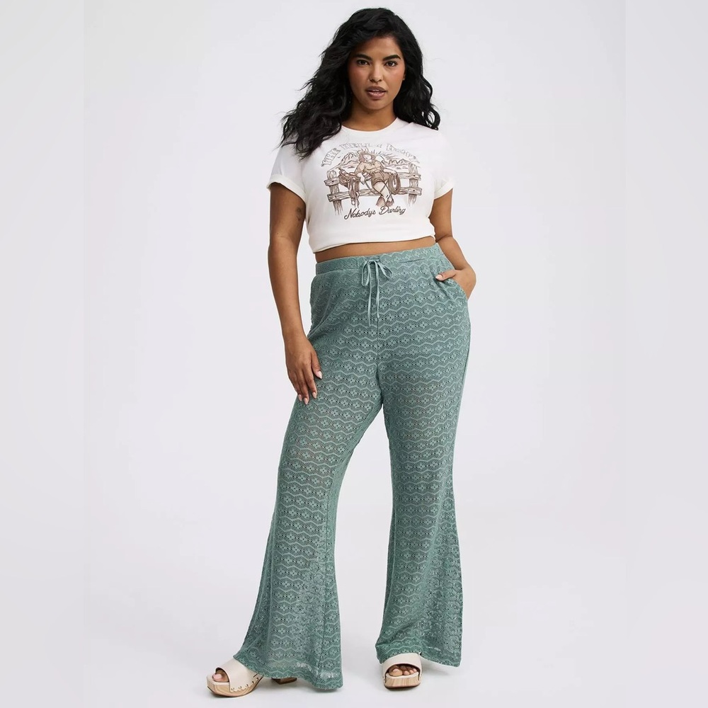 Torrid High-Rise Flare Leg Green Crochet Pant Tall